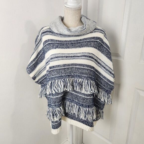 Linda Anderson Poncho Womens OS Blue Striped Fringe Sweater Boho Western Aztec - Picture 1 of 15